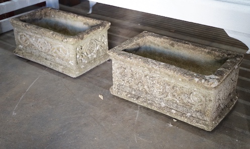 A pair of rectangular reconstituted stone garden planters, width 43cm, depth 26cm, height 20cm